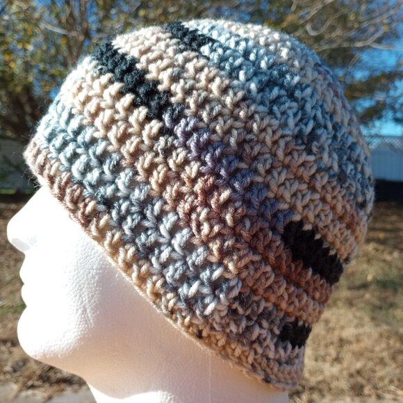 Men's Skully Beanie Hat Handmade Naturals Striped Crochet Hiking Outdoors L - Picture 2 of 9